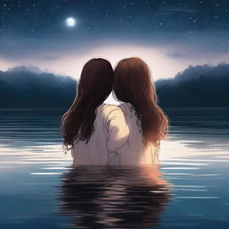 A high-quality digital art piece depicts two teenage girls embracing in a river under the night sky