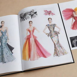 An open fashion book, displaying colorful sketches of chic clothing designs amidst glossy photographs of haute couture.