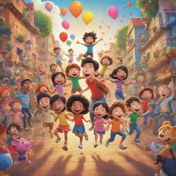 A vibrant and whimsical scene in a cartoon style, filled with lively characters and mission filled drama, depicting an energetic chapter of a story