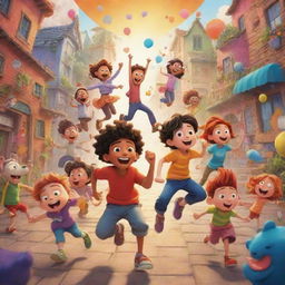 A vibrant and whimsical scene in a cartoon style, filled with lively characters and mission filled drama, depicting an energetic chapter of a story