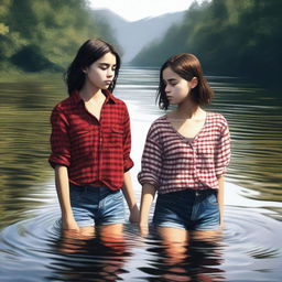 An impeccable digital art piece portrays two teenage girls in a river