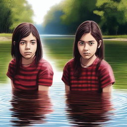 This is a high-quality digital art piece featuring two teenage girls in a river