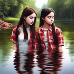 This is a high-quality digital art piece featuring two teenage girls in a river