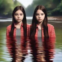 This is a high-quality digital art piece featuring two teenage girls in a river