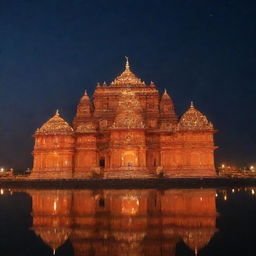 The Ram Mandir in Ayodhya, India, beautifully lit and shimmering against the night sky on January 22nd.