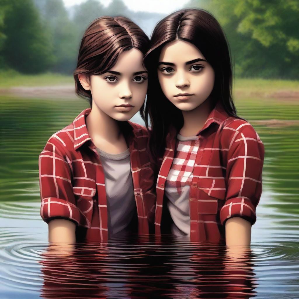 This is a high-quality digital art piece featuring two teenage girls in a river