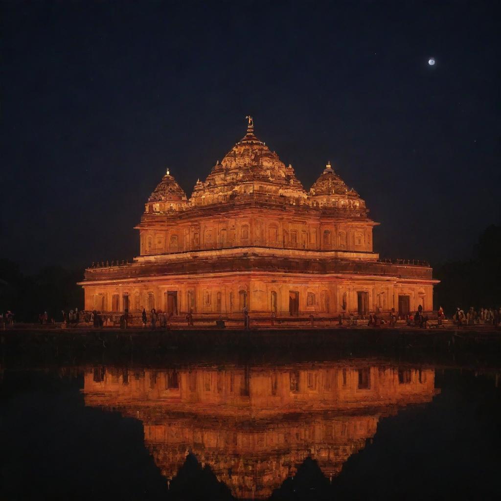 The Ram Mandir in Ayodhya, India, beautifully lit and shimmering against the night sky on January 22nd.