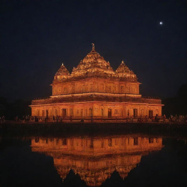 The Ram Mandir in Ayodhya, India, beautifully lit and shimmering against the night sky on January 22nd.