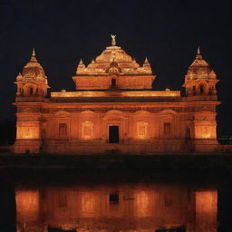 The Ram Mandir in Ayodhya, India, beautifully lit and shimmering against the night sky on January 22nd.