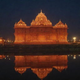 The Ram Mandir in Ayodhya, India, beautifully lit and shimmering against the night sky on January 22nd.