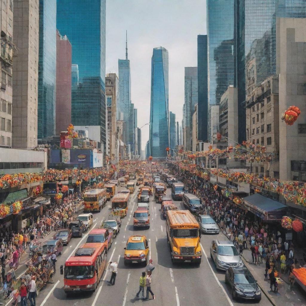 A bustling city in full glory at daytime, with towering skyscrapers, busy streets filled with colorful decorations and packed with moving vehicles and pedestrians.