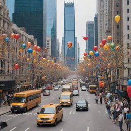 A bustling city in full glory at daytime, with towering skyscrapers, busy streets filled with colorful decorations and packed with moving vehicles and pedestrians.