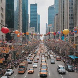 A bustling city in full glory at daytime, with towering skyscrapers, busy streets filled with colorful decorations and packed with moving vehicles and pedestrians.