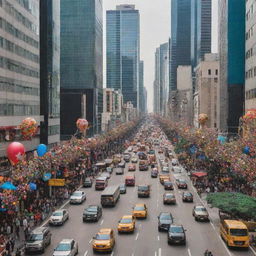 A bustling city in full glory at daytime, with towering skyscrapers, busy streets filled with colorful decorations and packed with moving vehicles and pedestrians.