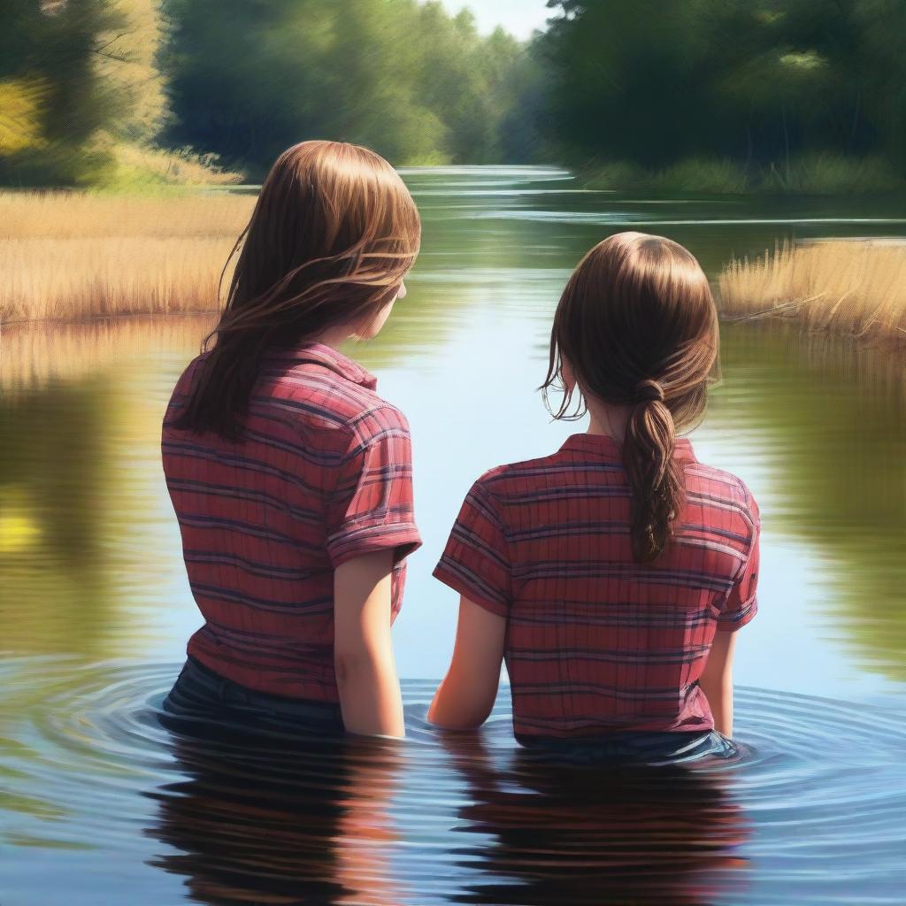 This high-quality digital art piece presents two teenage girls in a river