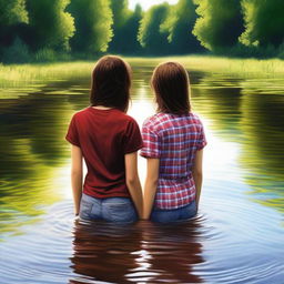 This high-quality digital art piece presents two teenage girls in a river