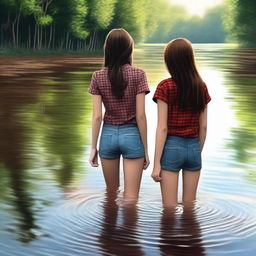 This high-quality digital art piece presents two teenage girls in a river