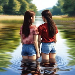 This high-quality digital art piece presents two teenage girls in a river