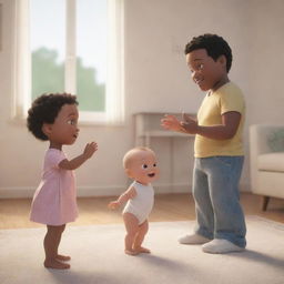 Conclude with scenes that showcase the growing family's milestones, such as the baby's first steps and first words. Intersperse these with other heartwarming, authentic family moments. This frames the narrative for an AI-generated cartoon video of this heartfelt family journey.