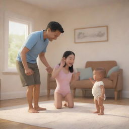 Conclude with scenes that showcase the growing family's milestones, such as the baby's first steps and first words. Intersperse these with other heartwarming, authentic family moments. This frames the narrative for an AI-generated cartoon video of this heartfelt family journey.