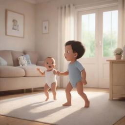 Conclude with scenes that showcase the growing family's milestones, such as the baby's first steps and first words. Intersperse these with other heartwarming, authentic family moments. This frames the narrative for an AI-generated cartoon video of this heartfelt family journey.