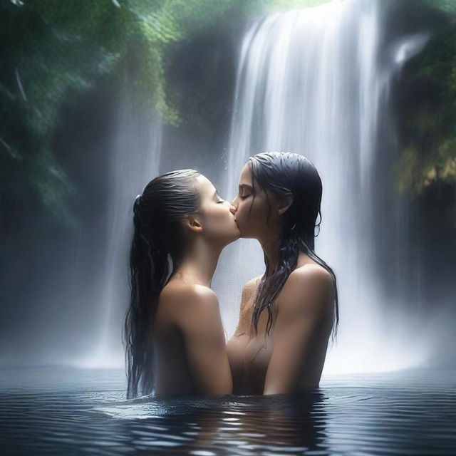 This high-quality digital art piece captures an intimate moment between two young ladies under a waterfall