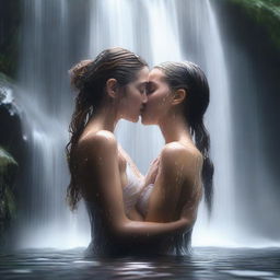 This high-quality digital art piece captures an intimate moment between two young ladies under a waterfall