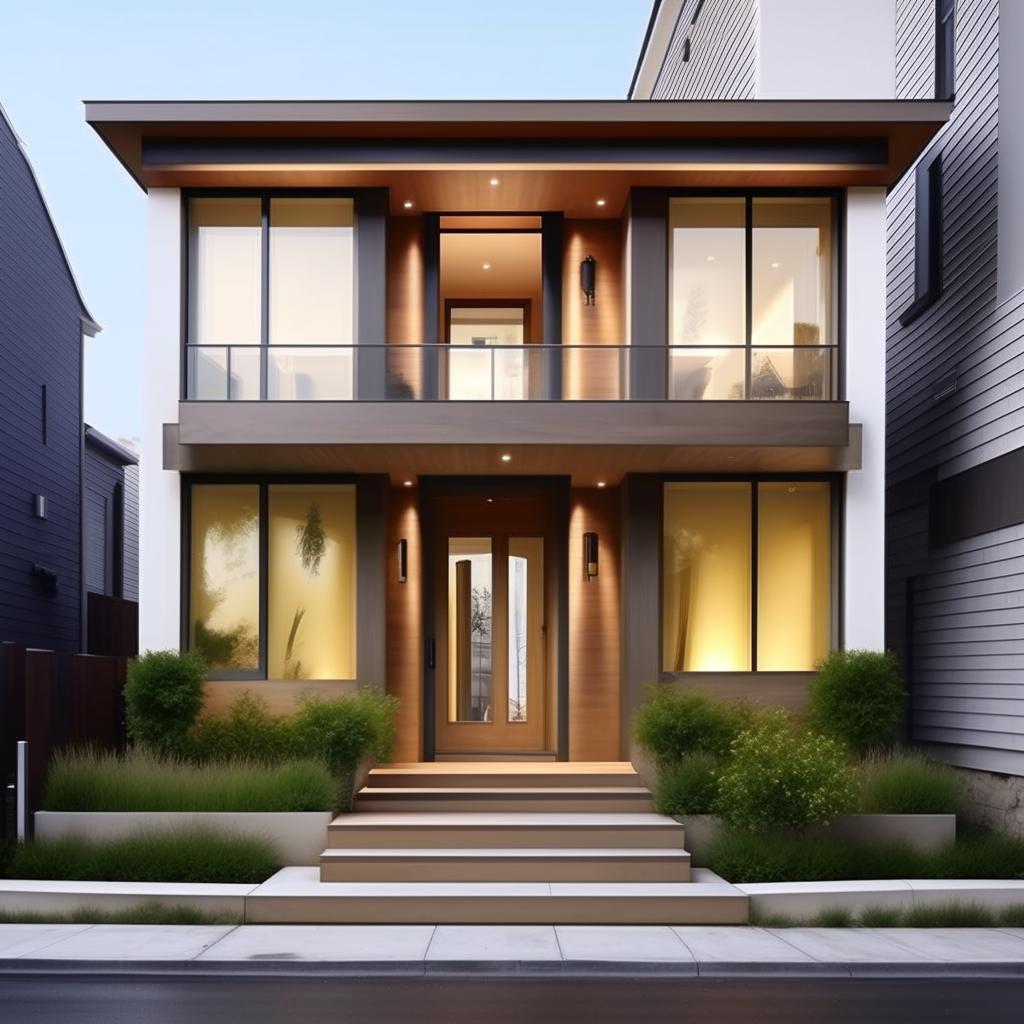 11 feet wide house front with a large 3x6 main door and 4x5 window, detailed modern facade, urban style.