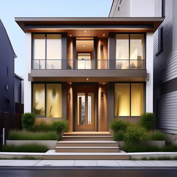 11 feet wide house front with a large 3x6 main door and 4x5 window, detailed modern facade, urban style.