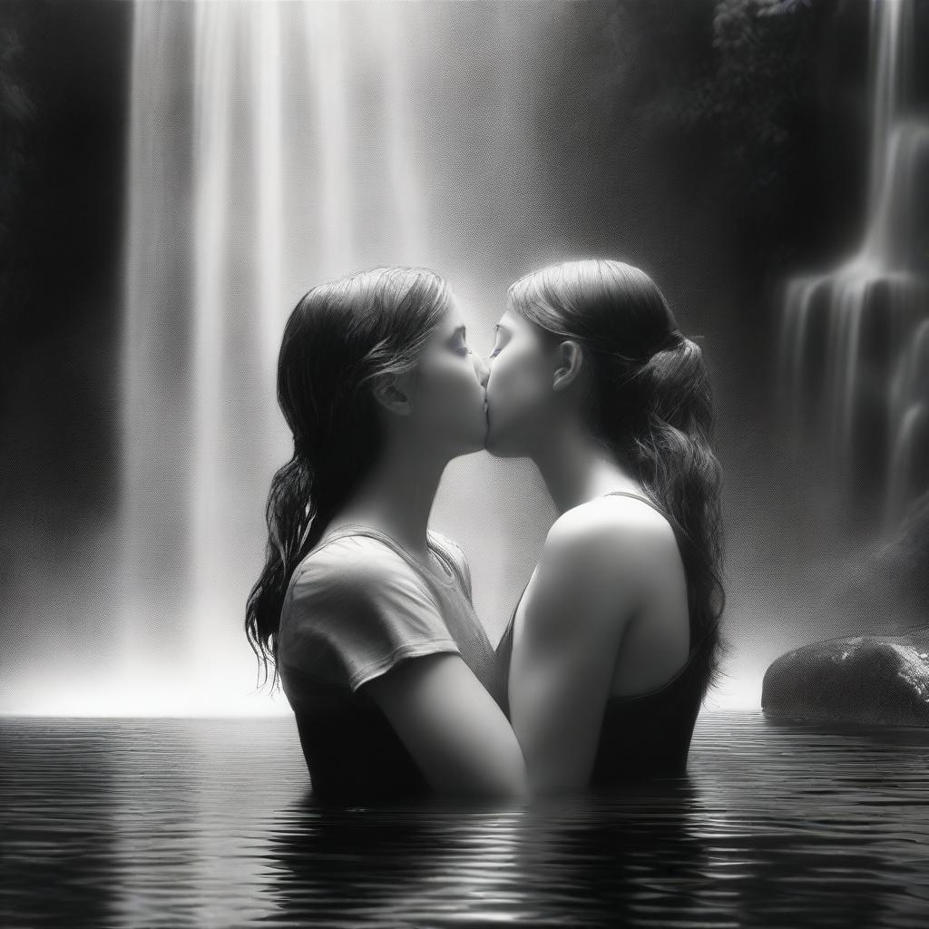 A high-quality digital art piece illustrates two young ladies in black and white t-shirts, sharing a passionate kiss under a waterfall