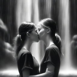 A high-quality digital art piece illustrates two young ladies in black and white t-shirts, sharing a passionate kiss under a waterfall