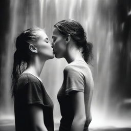 A high-quality digital art piece illustrates two young ladies in black and white t-shirts, sharing a passionate kiss under a waterfall