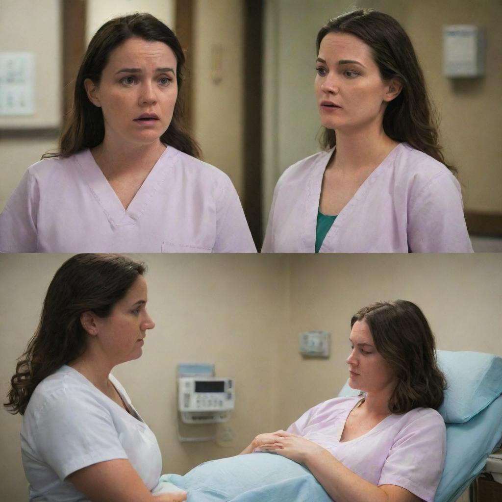 Alter current imagery to illustrate a series of scenes where Emily faces unexpected pregnancy complications, with Alex providing unwavering support, attending doctor's visits, and comforting Emily during hard times. Transition to a dramatic hospital rush and labor room scenario.