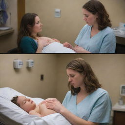 Alter current imagery to illustrate a series of scenes where Emily faces unexpected pregnancy complications, with Alex providing unwavering support, attending doctor's visits, and comforting Emily during hard times. Transition to a dramatic hospital rush and labor room scenario.