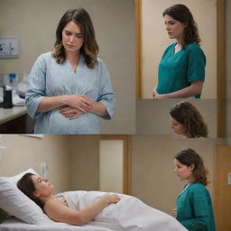 Alter current imagery to illustrate a series of scenes where Emily faces unexpected pregnancy complications, with Alex providing unwavering support, attending doctor's visits, and comforting Emily during hard times. Transition to a dramatic hospital rush and labor room scenario.