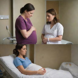 Alter current imagery to illustrate a series of scenes where Emily faces unexpected pregnancy complications, with Alex providing unwavering support, attending doctor's visits, and comforting Emily during hard times. Transition to a dramatic hospital rush and labor room scenario.