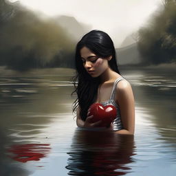 This digital art piece captures a poignant scene of an 18-year-old Mexican brunette in a river