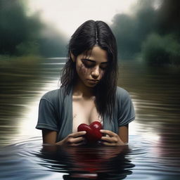 This digital art piece captures a poignant scene of an 18-year-old Mexican brunette in a river