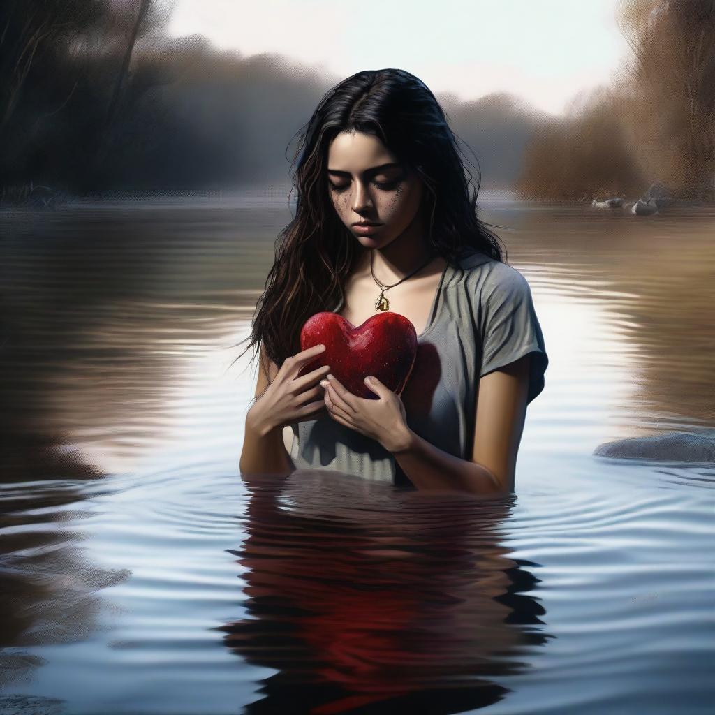 This digital art piece captures a poignant scene of an 18-year-old Mexican brunette in a river