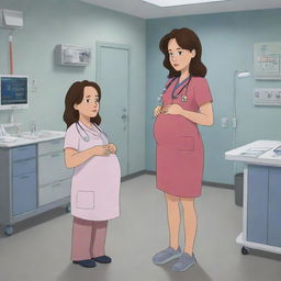 Create an AI-generated cartoon of a series of scenes where Emily faces unexpected pregnancy complications. Depict Alex providing unwavering support, attending doctor's visits, and comforting Emily during challenging moments. Escalate to a dramatic hospital rush and intense labor room scenario.