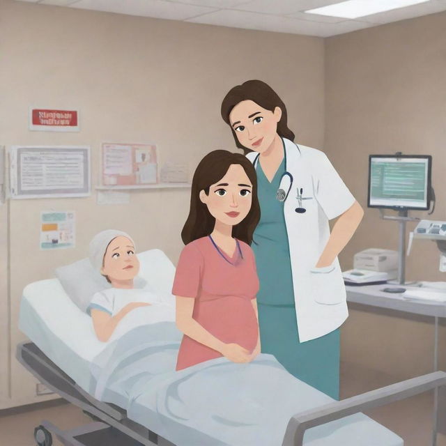 Create an AI-generated cartoon of a series of scenes where Emily faces unexpected pregnancy complications. Depict Alex providing unwavering support, attending doctor's visits, and comforting Emily during challenging moments. Escalate to a dramatic hospital rush and intense labor room scenario.