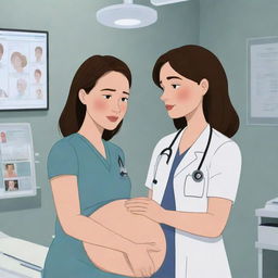 Create an AI-generated cartoon of a series of scenes where Emily faces unexpected pregnancy complications. Depict Alex providing unwavering support, attending doctor's visits, and comforting Emily during challenging moments. Escalate to a dramatic hospital rush and intense labor room scenario.