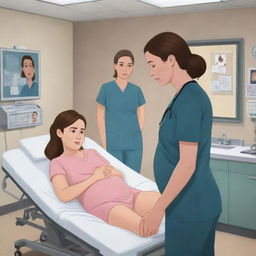 Create an AI-generated cartoon of a series of scenes where Emily faces unexpected pregnancy complications. Depict Alex providing unwavering support, attending doctor's visits, and comforting Emily during challenging moments. Escalate to a dramatic hospital rush and intense labor room scenario.