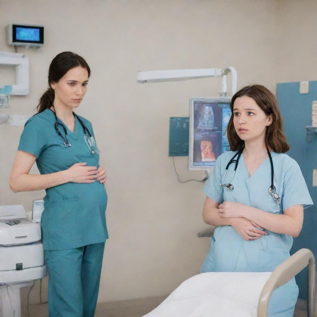 Generate an AI cartoon video illustrating a series of scenes where Emily faces unexpected pregnancy complications. Detail Alex providing unwavering support, attending doctor's visits, and comforting Emily during difficult moments. Escalate to a dramatic rush to the hospital and labor room intensity.