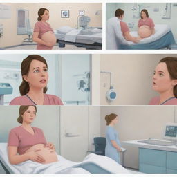 Generate an AI cartoon video illustrating a series of scenes where Emily faces unexpected pregnancy complications. Detail Alex providing unwavering support, attending doctor's visits, and comforting Emily during difficult moments. Escalate to a dramatic rush to the hospital and labor room intensity.