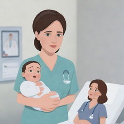 Generate an AI cartoon video illustrating a series of scenes where Emily faces unexpected pregnancy complications. Detail Alex providing unwavering support, attending doctor's visits, and comforting Emily during difficult moments. Escalate to a dramatic rush to the hospital and labor room intensity.