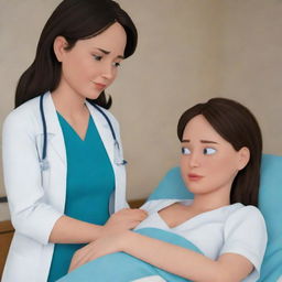 Produce a 4k AI-generated cinematic cartoon video, showcasing a series of scenes of Emily facing unexpected pregnancy complications. Display Alex providing unwavering support, attending doctor's visits and comforting Emily during tough times. Emanate a dramatic rush to hospital and labor room drama.