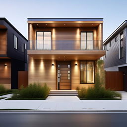 11 feet wide house front with a large 3x6 main door and 4x5 window, detailed modern facade, urban style.