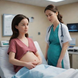 Produce a 4k AI-generated cinematic cartoon video, showcasing a series of scenes of Emily facing unexpected pregnancy complications. Display Alex providing unwavering support, attending doctor's visits and comforting Emily during tough times. Emanate a dramatic rush to hospital and labor room drama.