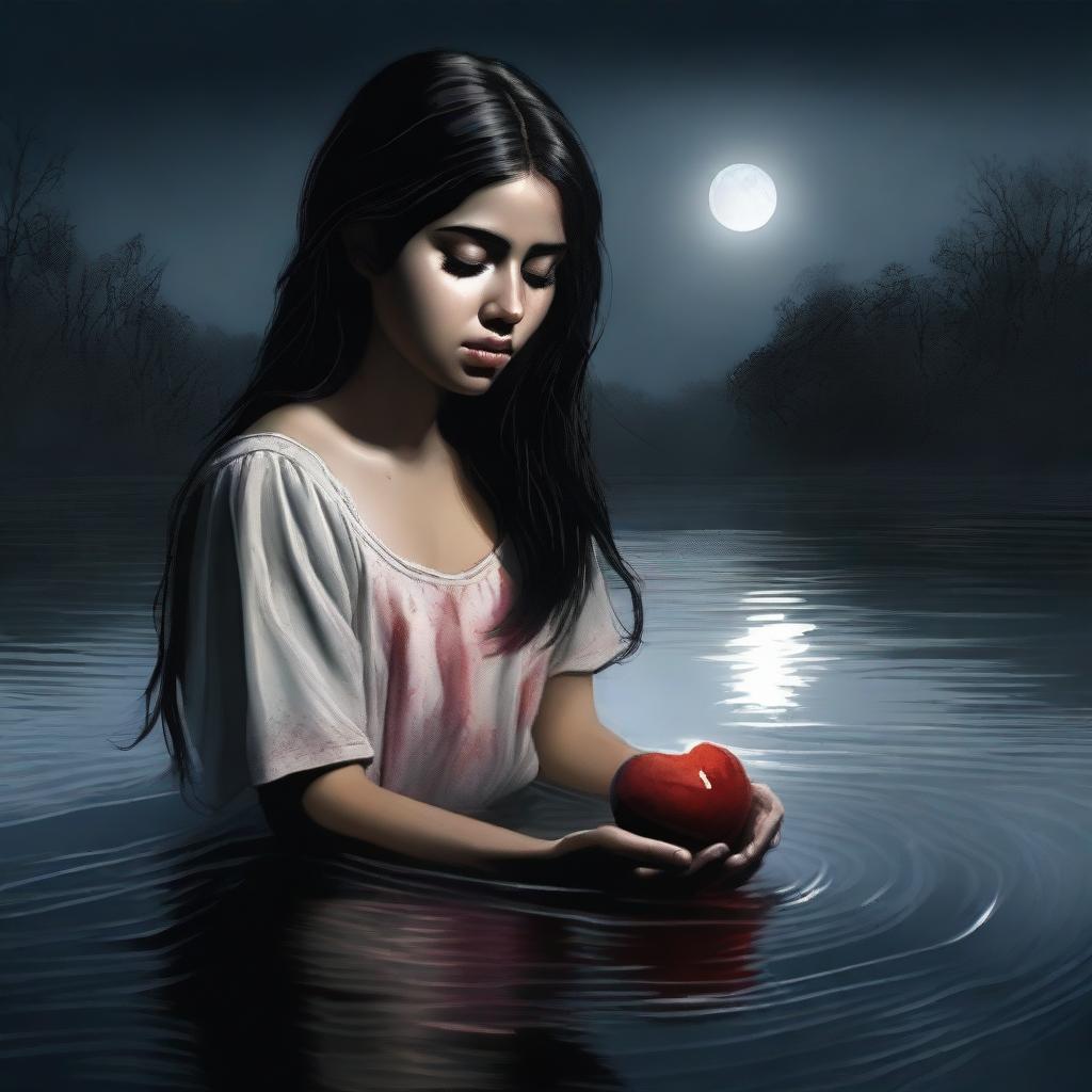 In this digital art piece, an 18-year-old Mexican brunette is depicted in a river at night, holding a real human heart